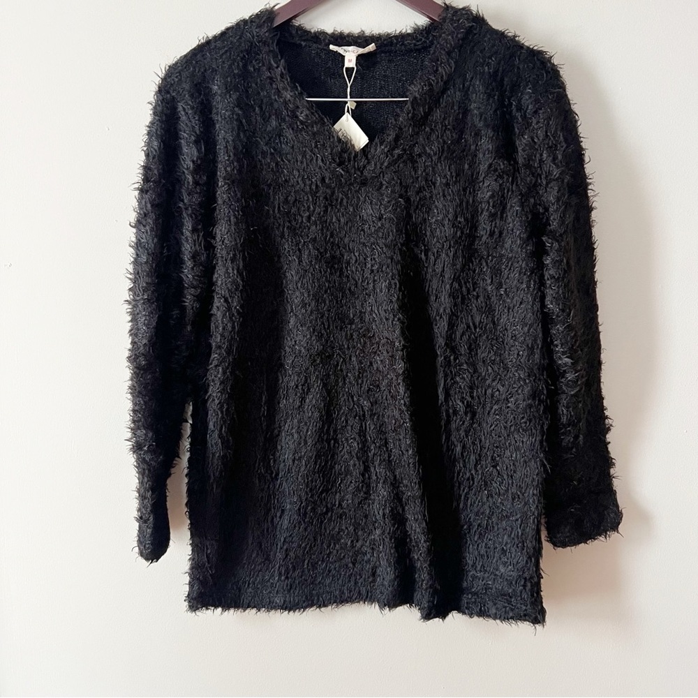 Koton Black Fuzzy Knit V-neck Pullover Sweater NEW Size Medium Cozy Fleece